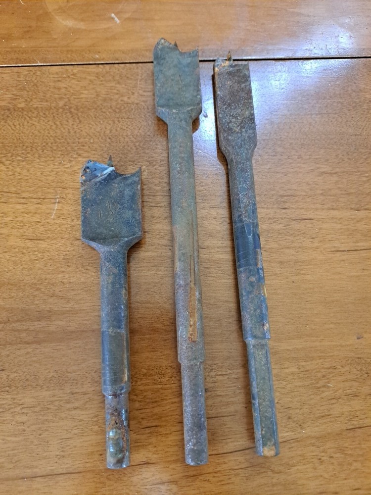 3 Vintage Antique Spade Boring Drill Bits