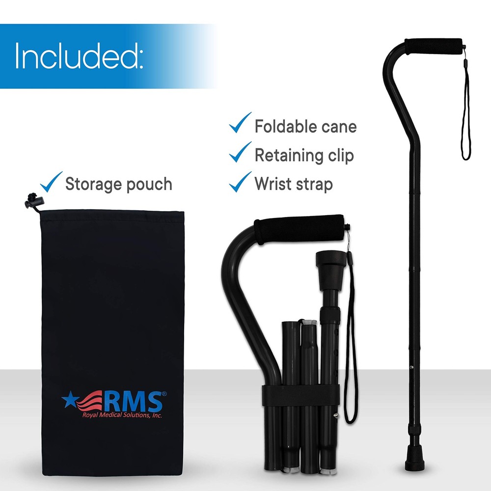 RMS Folding Cane with Offset Foam Handle, Adjustable Walking Stick Black
