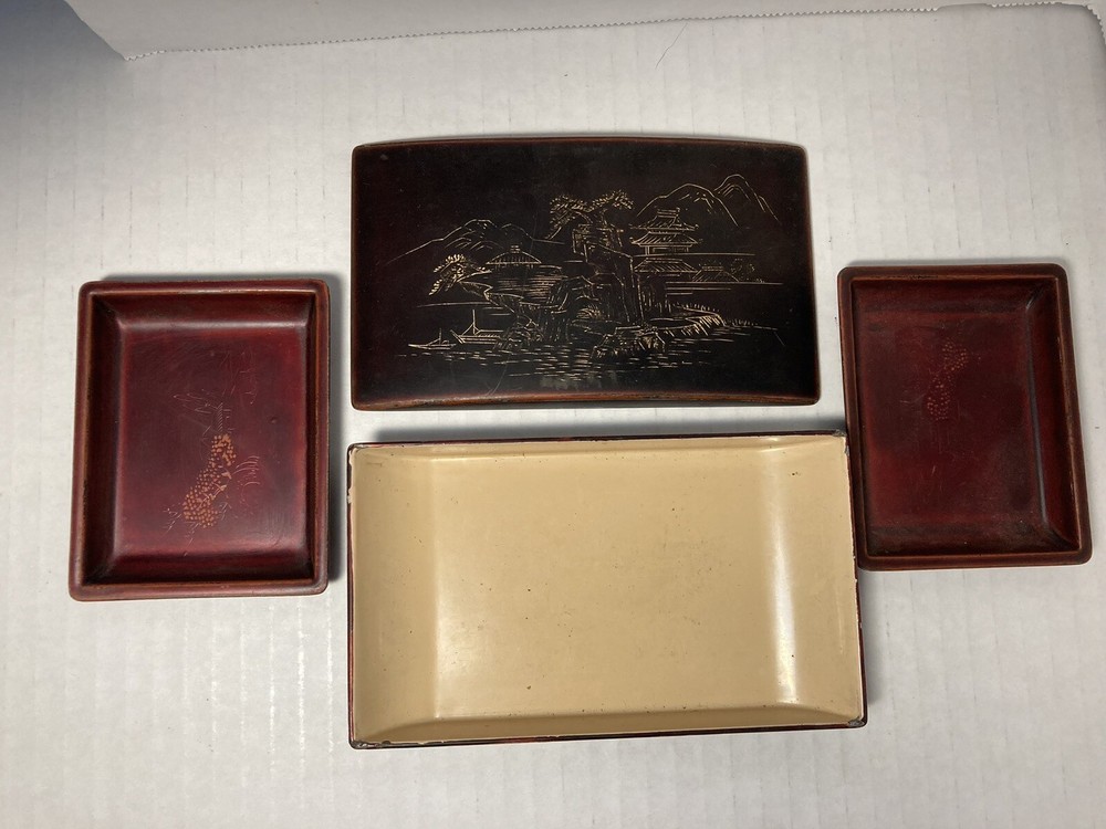 Maruni Lacquerware Coffee Table Cigarette Box, 2 Ashtrays Occupied Japan Signed