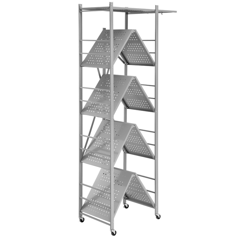5-Tier Folding Storage Shelf on Wheels No Assembly Grey Organizer