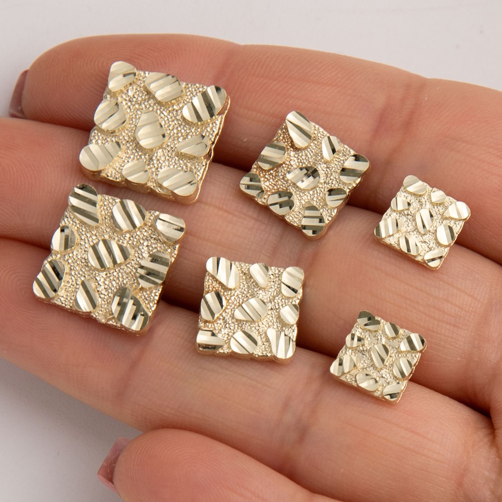 Solid 10K Diamond-Cut Square Nugget Stud Earrings Yellow Gold All Sizes
