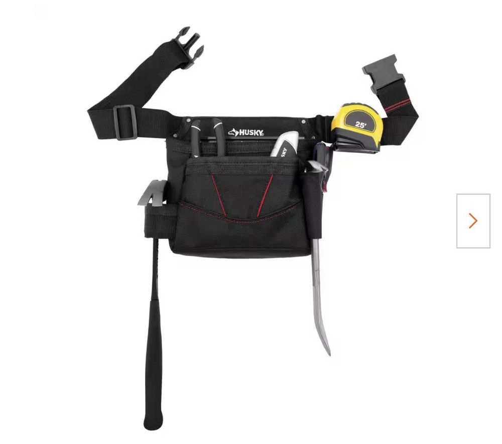 Husky Adjustable Tool Belt Pouch Black Red Quick Release Multiple Pockets