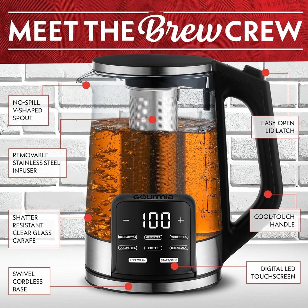 Electric Glass Kettle – 1.7L Programmable Tea & Coffee Brewer with Digital To...