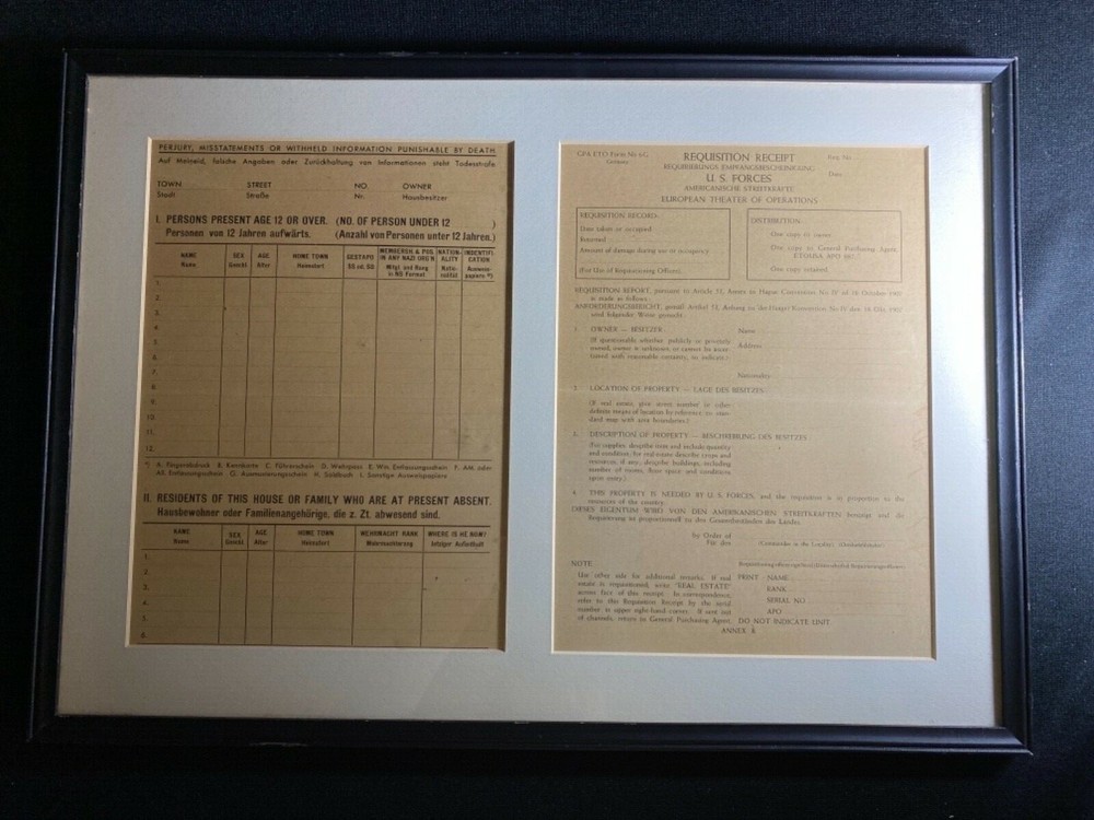 Original Framed WW2 Occupied Germany Citizen Blank Property Requisition Receipt