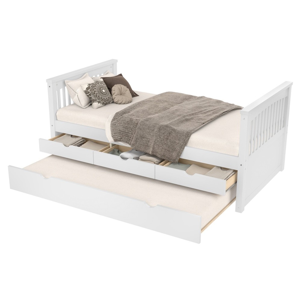 Modern Twin Size Solid Wood Platform Bed Frame Daybed with Trundle and 3 Drawers