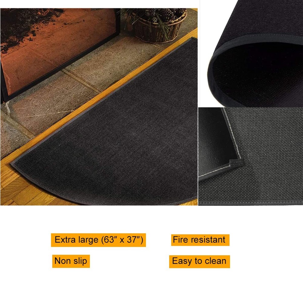 63″x37″ Extra Large Half Round Fireproof Fireplace Mat Hearth 63"x37", Black