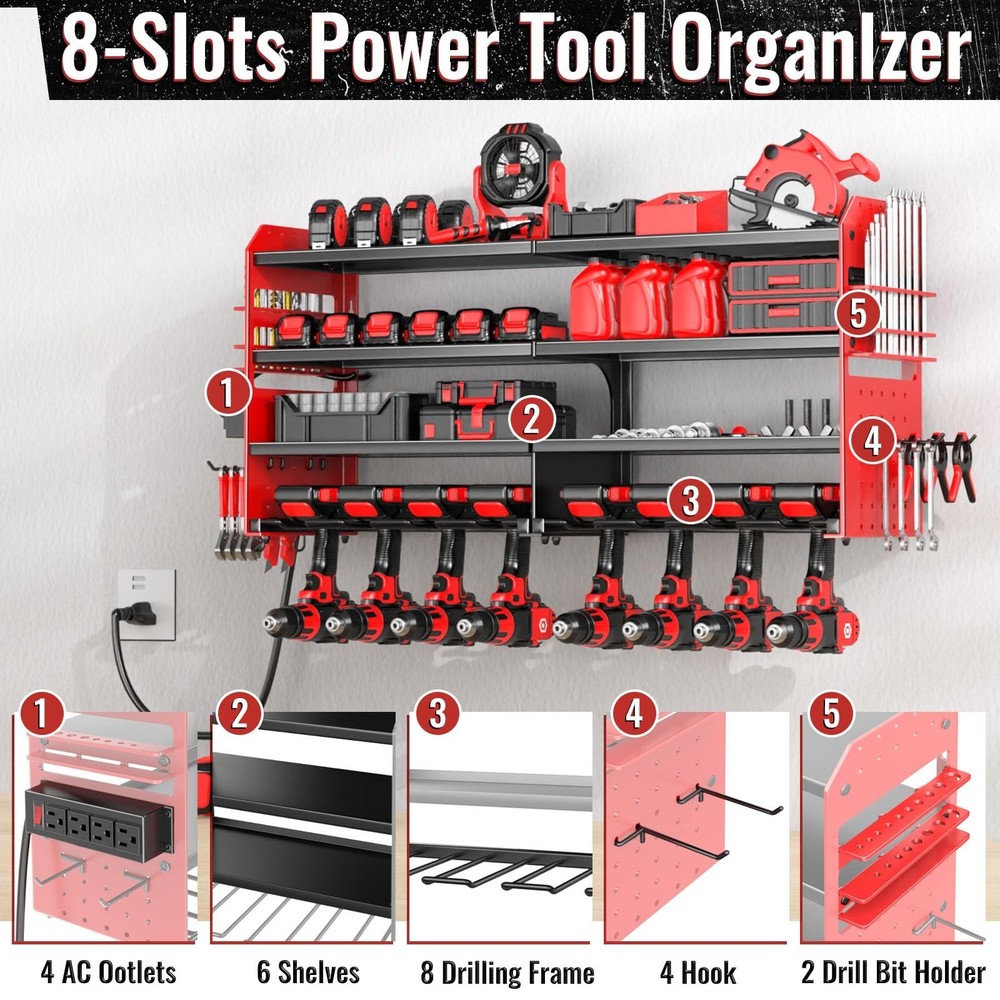 Large Power Tool Organizer Wall Mount with Charging Station, 4 Layer Heavy Du...