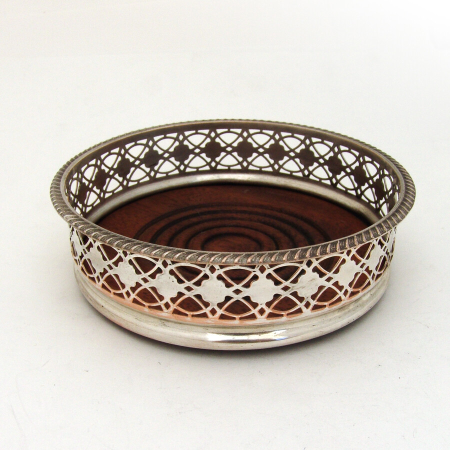 Silver Plated Openwork Wine Coaster Wooden Base
