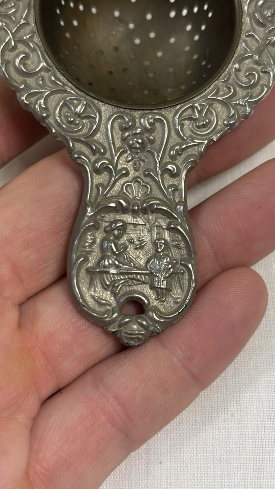 Ornate Metal Tea Strainer with Stand, Silver Brass, Germany, Round Pattern