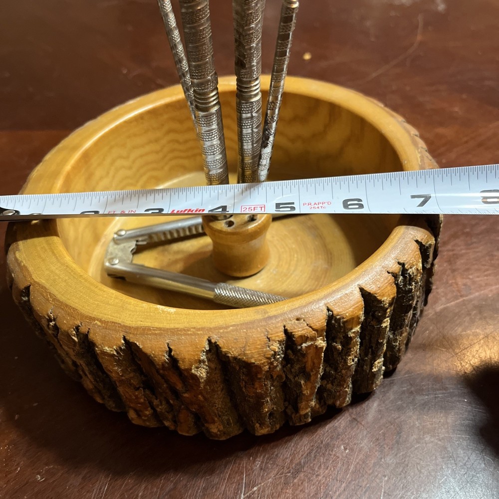 Vintage Solid Tree Bark Nut Bowl with 1 HMQ Nutcracker & 4 picks Cloth Bottom