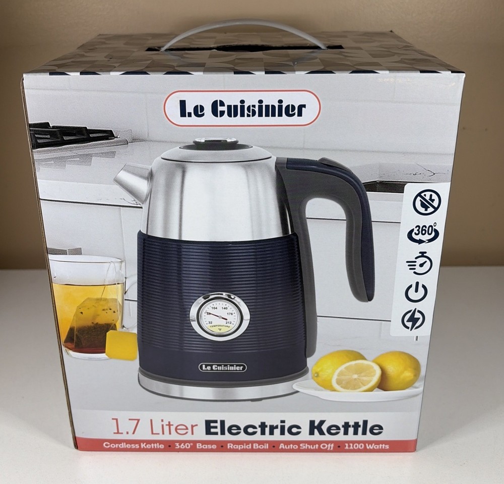 LE CUISINIER 1.7 Liter ELECTRIC Cordless KETTLE Auto Shut Off Rapid Boil NIB