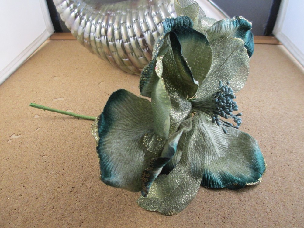 Green Ceramic Cornucopia Thanksgiving Table Decor & Silk Flower