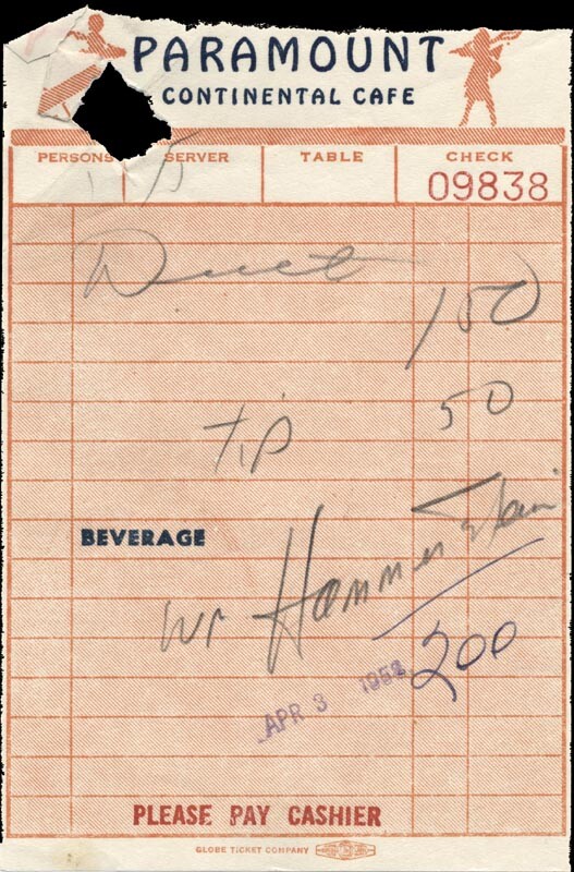 WILLIAM HAMMERSTEIN - MEAL TICKET SIGNED 04/03/1952