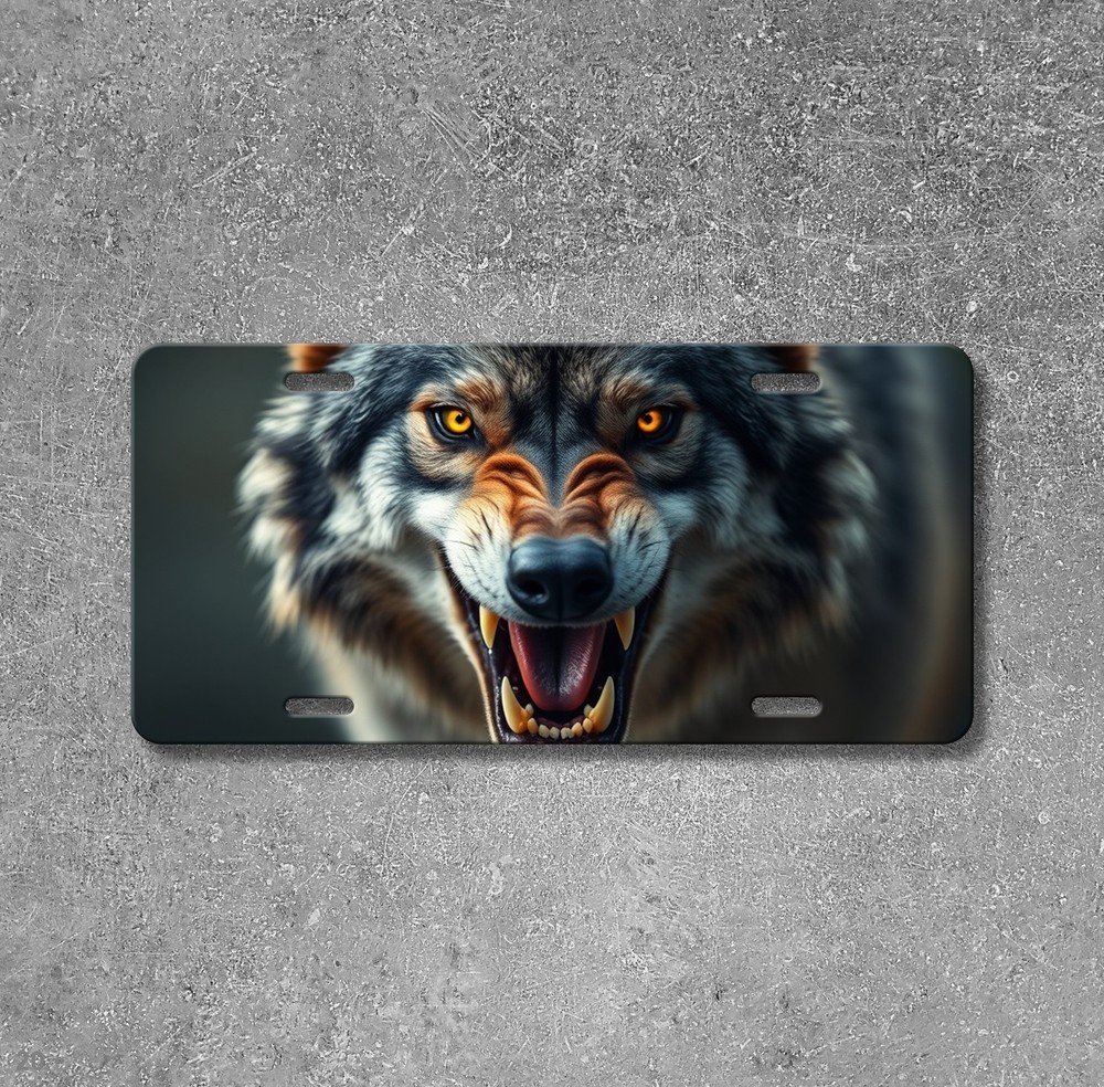 Aggressive Wolf License Plate Snarling Design Name Plate Auto Tag Unique Gift