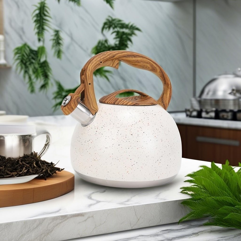 Whistling Tea Kettle 3 Liter with Wood Pattern Folding Handle B-White