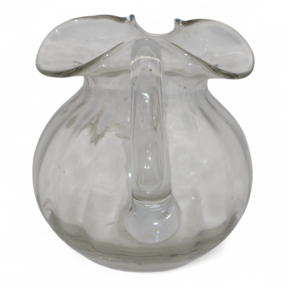 Handblown Clear Glass Pitcher With Ruffled Rim And Sturdy Handle