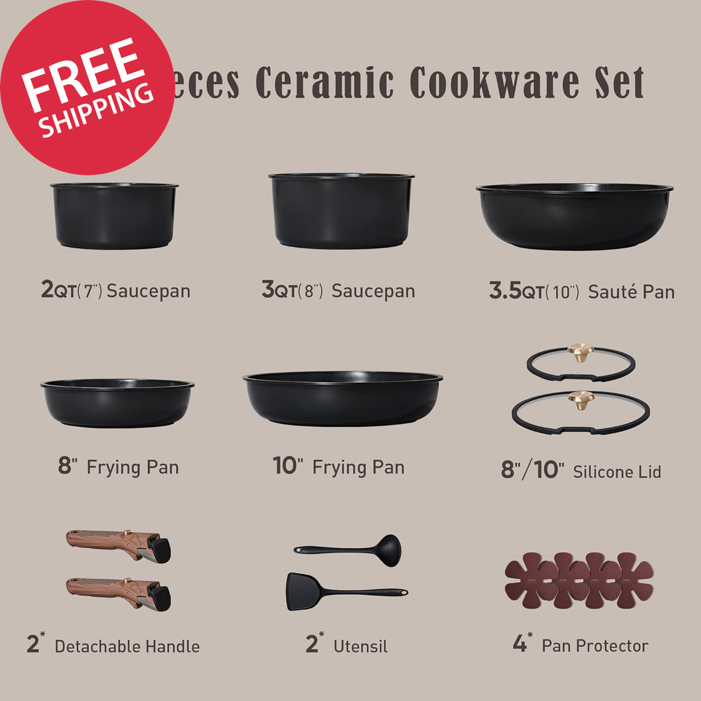 15Pcs Ceramic Cookware Set, Pots and Pans Set Non Stick, Kitchen Cooking Set wit