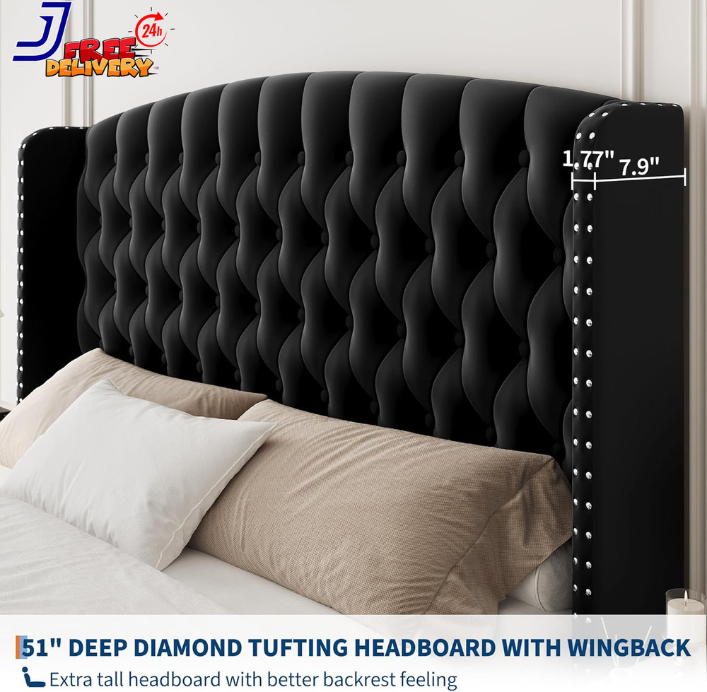 Chic 51" Tufted Suede Queen Bed Frame with Wingback & Nailhead Accent