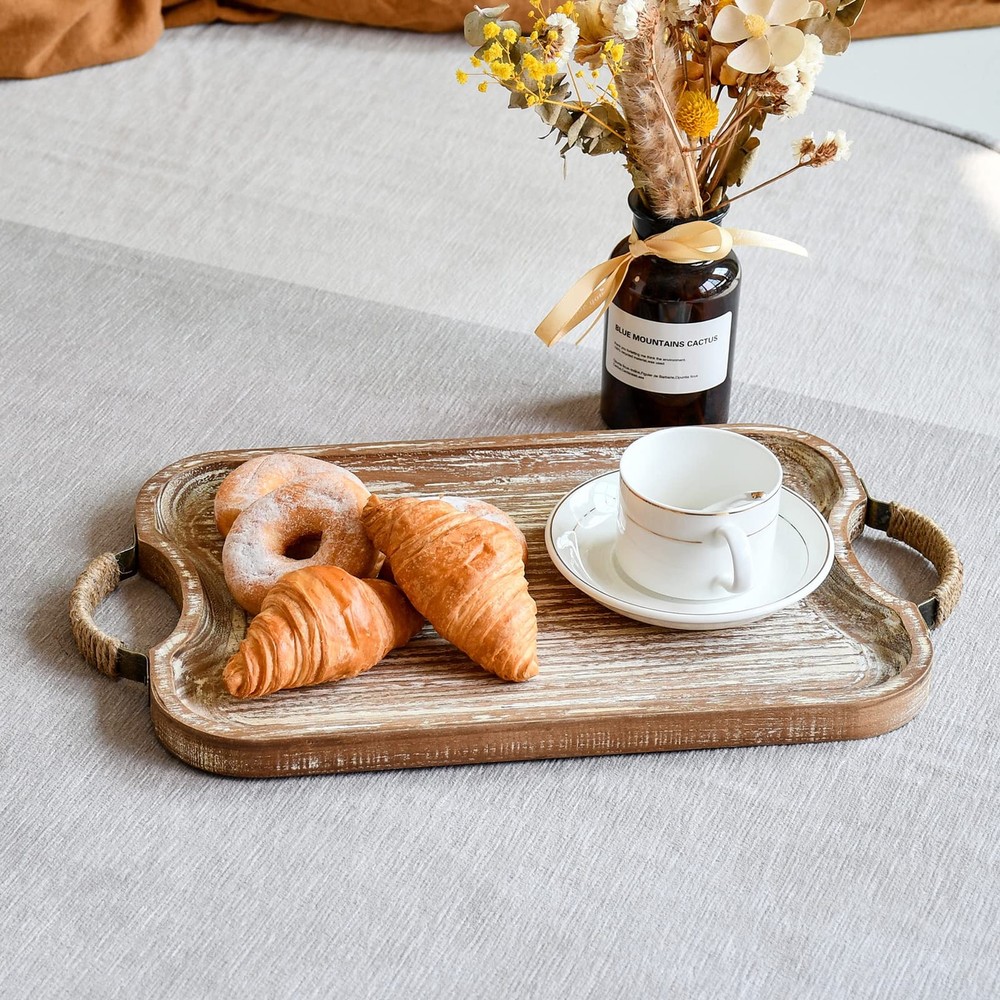 Rustic Wood Serving Tray Set w/ Metal Twine Handles - 2 Stackable Rectangular Tr