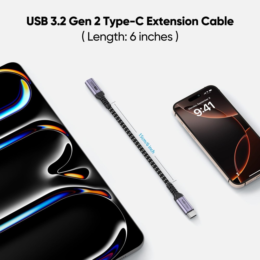 USB C Extension Cable 6 inch Short, Full-Function Extender 0.5 Feet, Grey