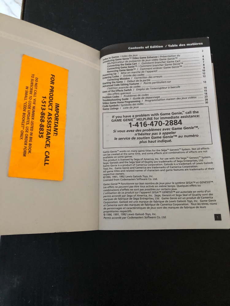 1992 Galoob Game Genie Sega Genesis Programming Manual & Codebook