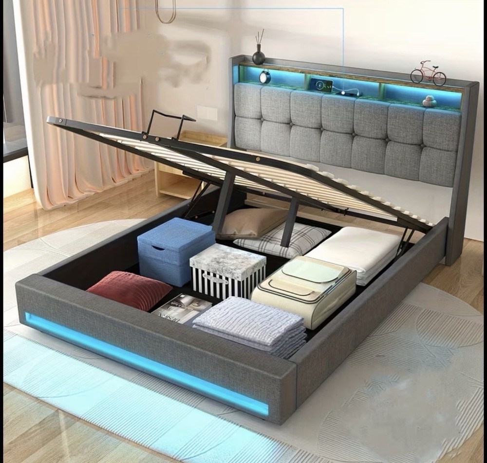 Modern double bed with LED, linen container and padded backrest