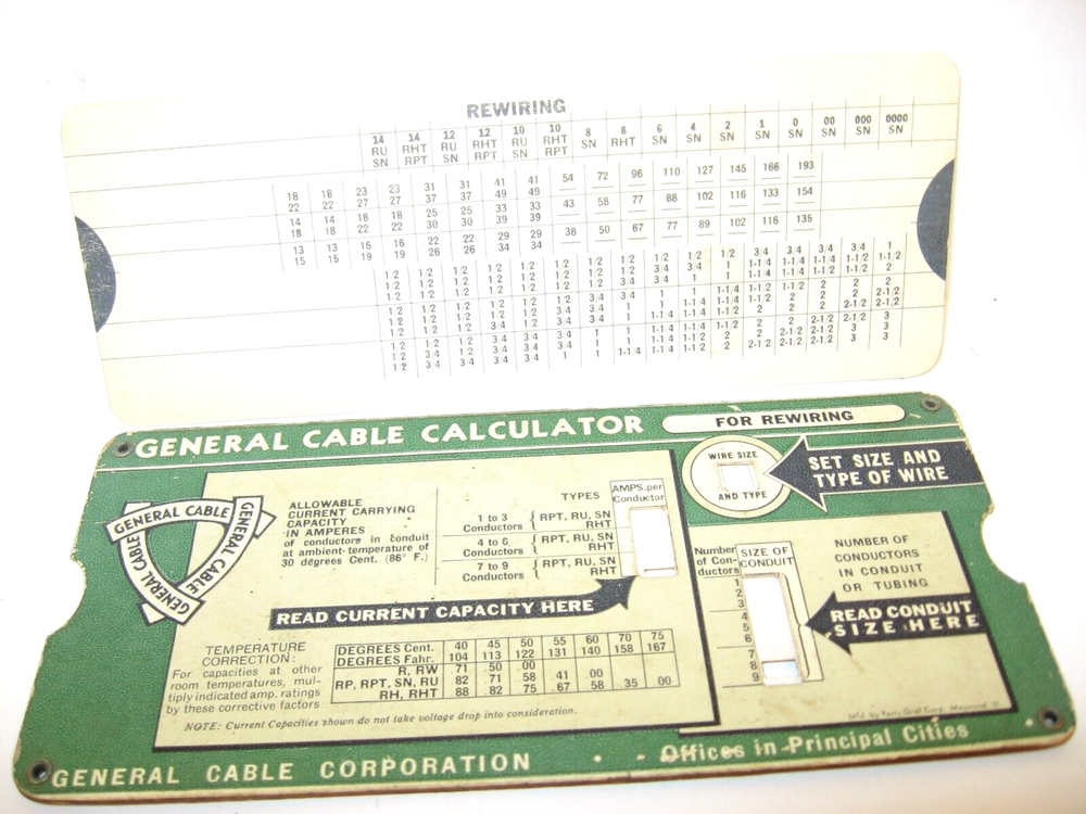 1940 General Cable Calculator Current Cap./Wire, Conduit Sizes New Work/Rewiring
