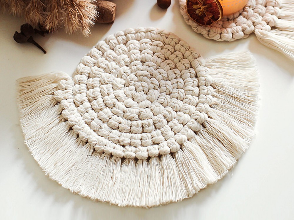 2PCS Solid Tassel Knitted Weave Table Cotton Candle Coffee Cup Mat Coaster