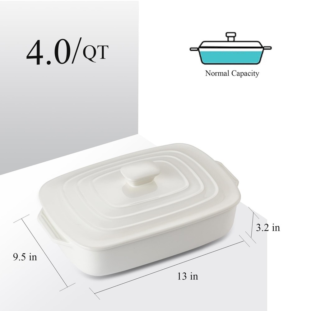 Large Ceramic Casserole Dish with Lid, 4.0 Quart Covered Rectangular Stonewar...