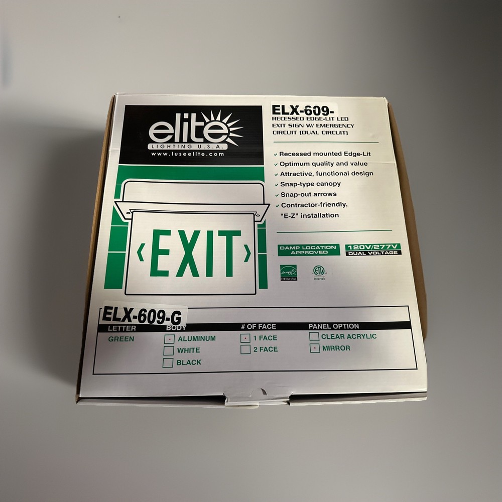 🔴Elite Lighting ELX-609-G Edge-Lit Exit Sign Single Faced Green Mirror‼️