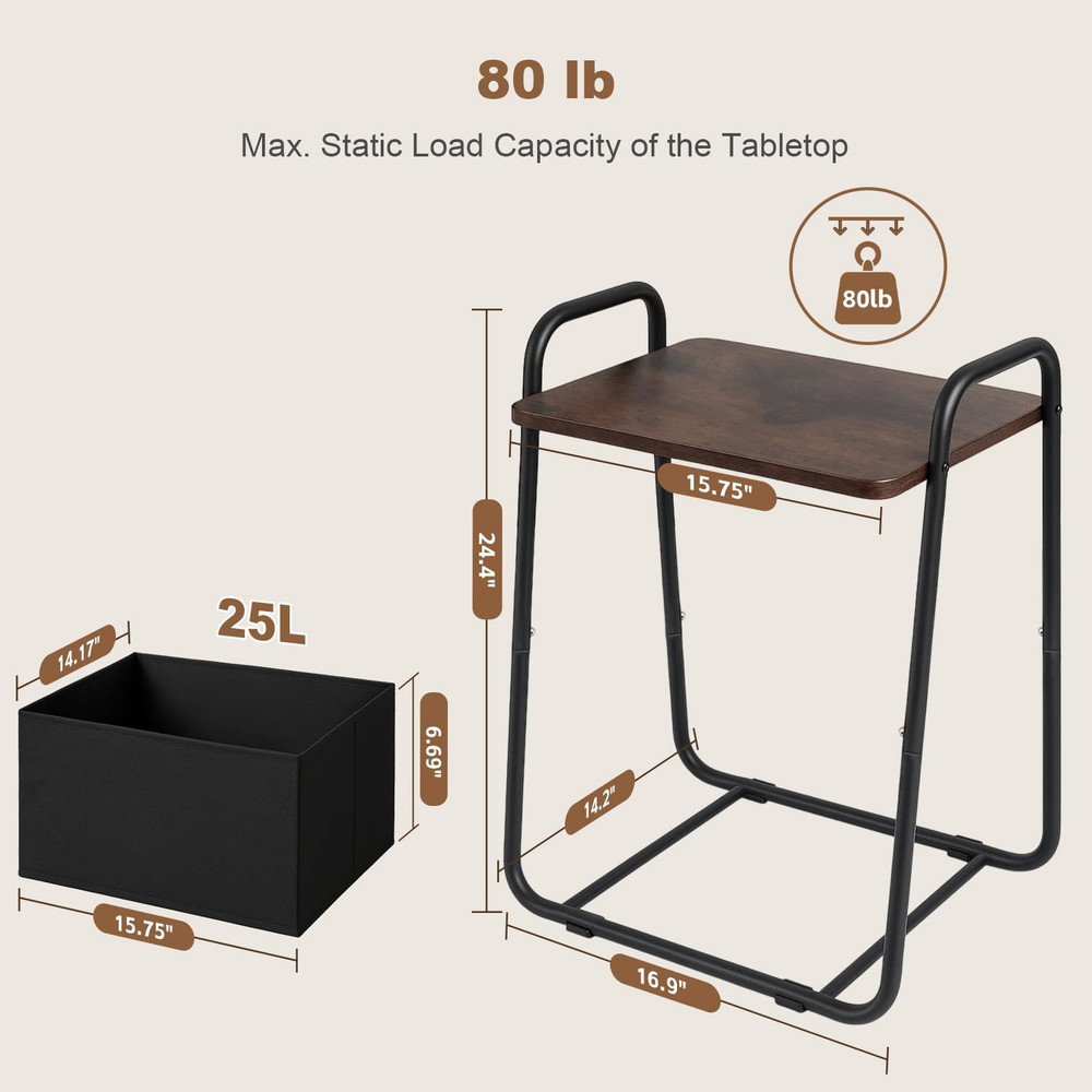 Rustic Brown Metal Frame Nightstand - Small Side Table with Fabric Storage Baske