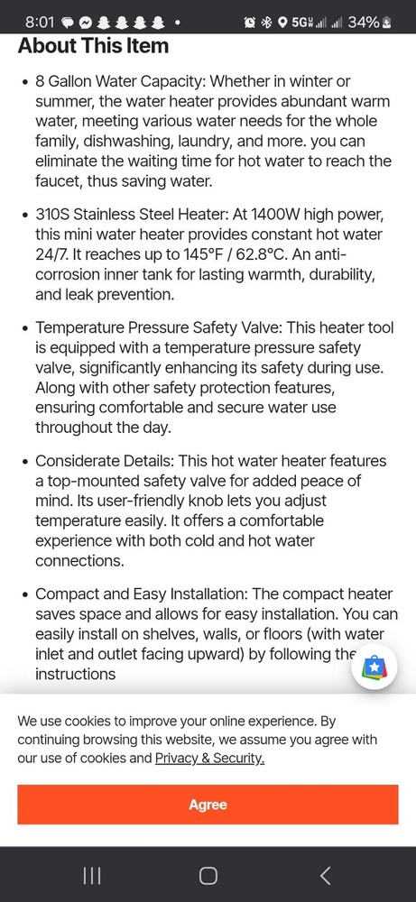 VEVOR 8 Gallon Electric Mini Tank Hot Water Heater Kitchen Sink Compact 1440W