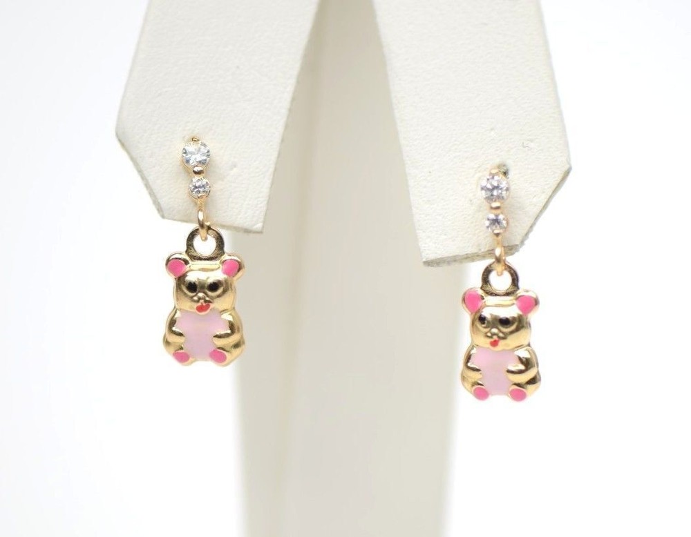 14K Solid Yellow Gold Teddy Bear Dangle Earring with Enamel