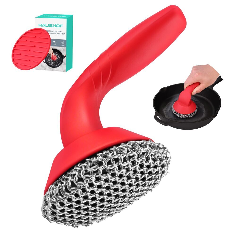 HAUSHOF Cast Iron Scrubber Chainmail Scrubber Cast Iron Cleaner with Long Handle