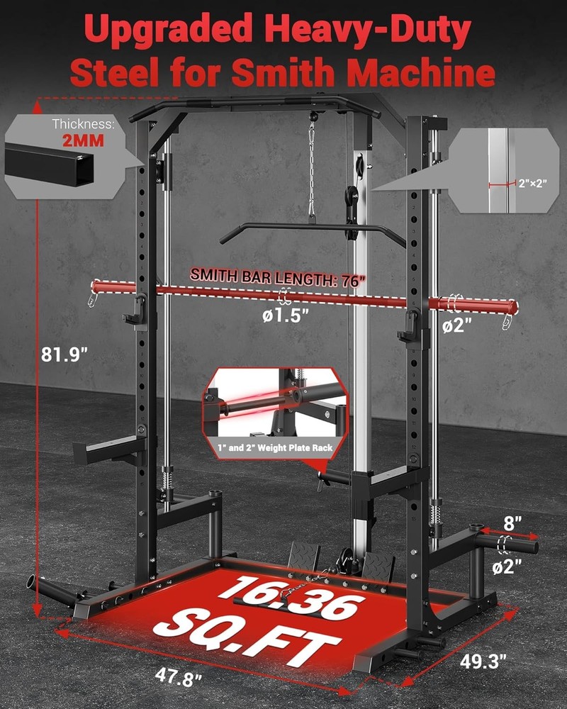 Multi-Functional Smith Machine Home Gym W Barbell Bar Cable System LAT Pulldown
