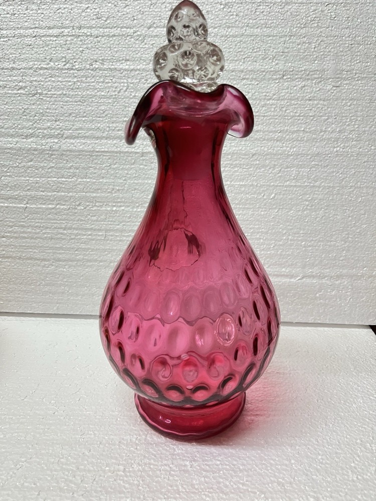 Fenton cranberry thumbprint wine decanter 12”