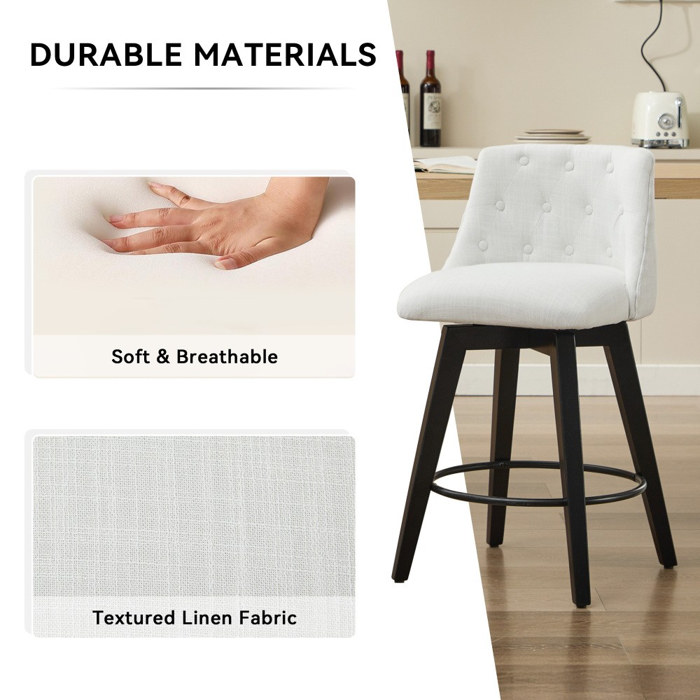 Modern Swivel Bar Stools Set of 2 – Tufted Back & Solid Wood Frame