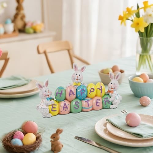 Easter Decorations Eggs Bunny, Hand-Painted Resin Tabletop Easter Eggs Bunny