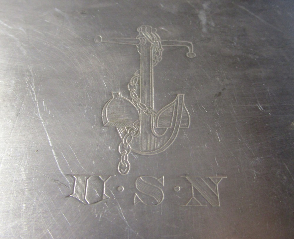 US NAVY Silverplate Rectangular Tray USN & Fouled Anchor on Front Rope Trim 1941