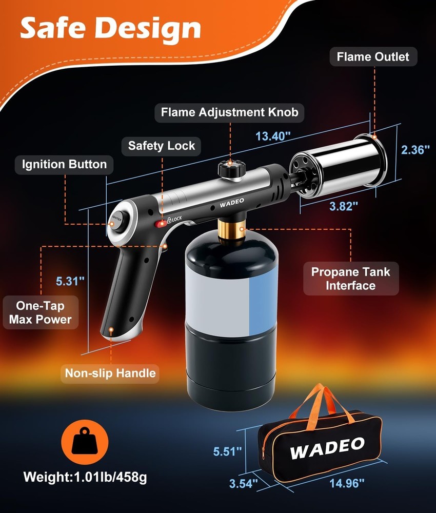 Powerful Adjustable Flame Propane Torch Gun with One-Touch Max Fire, Safety Lock