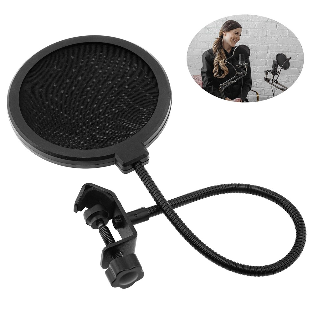 Professional Microphone Pop Filter Shield Dual Layered Wind Pop Screen with Clip