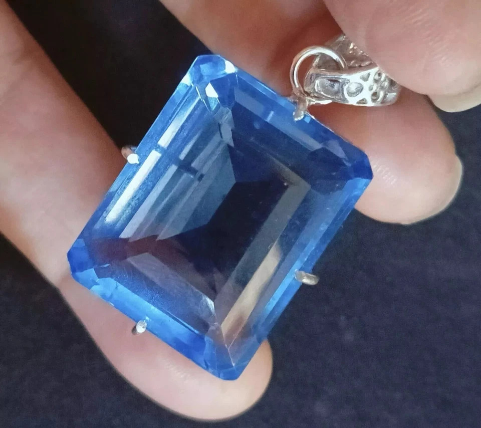 Pendant Natural Blue Topaz Emerald Cut 925 Solid Silver 92.56 Ct Gemstone