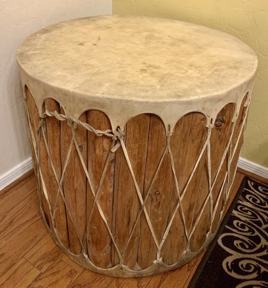 COLLECTIBLE LARGE RAWHIDE  DRUM - DIAMETER 23” HEIGHT 20”