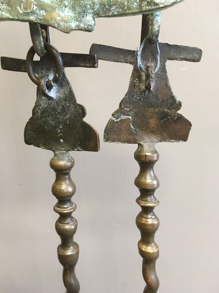 WINDMILL FIRE PLACE TOOLS ANTIQUE BRASS DUTCH 1850, CAST DESIGN