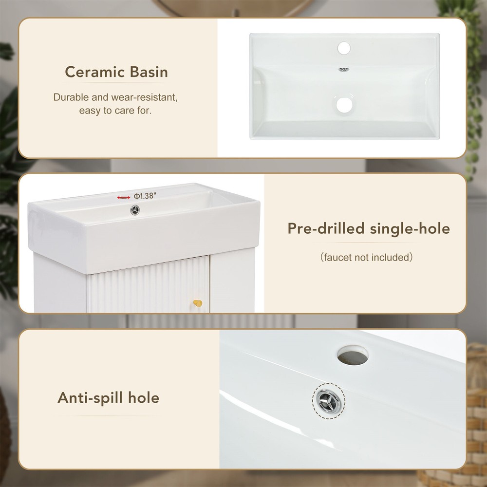 Modern Floating Bathroom Vanity Cabinet with Ceramic Basin and Side Storage