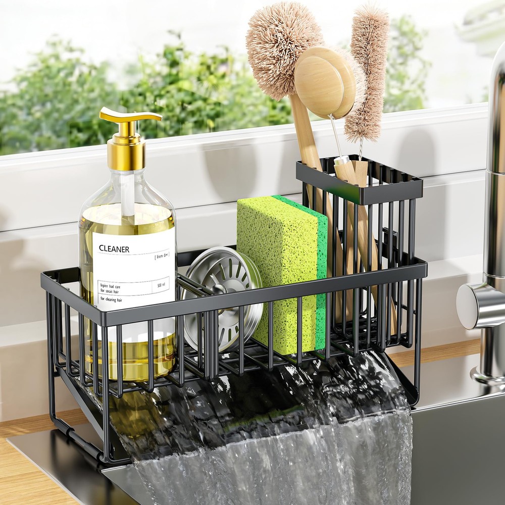 Cisily Sink Caddy Sponge Holder for Kitchen with Brush 9.25″, Black