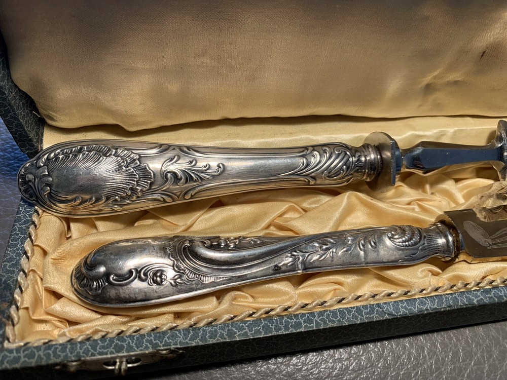 Antique Silver Carving Fork and Knife Set In Box