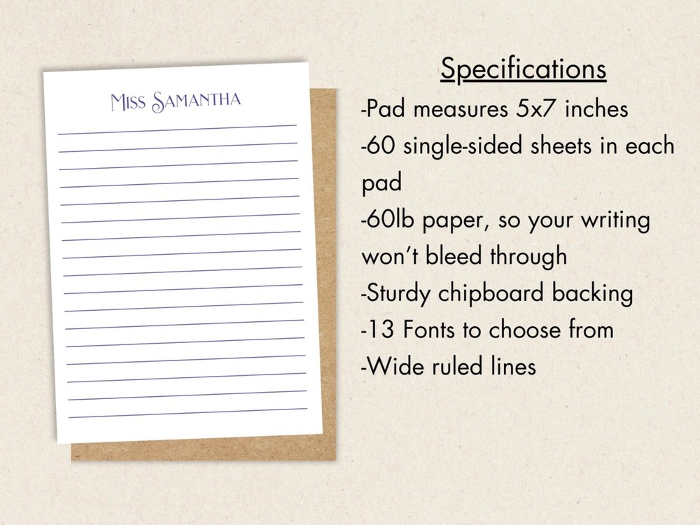 Personalized 5x7 Lined Notepad - Font and Color Options