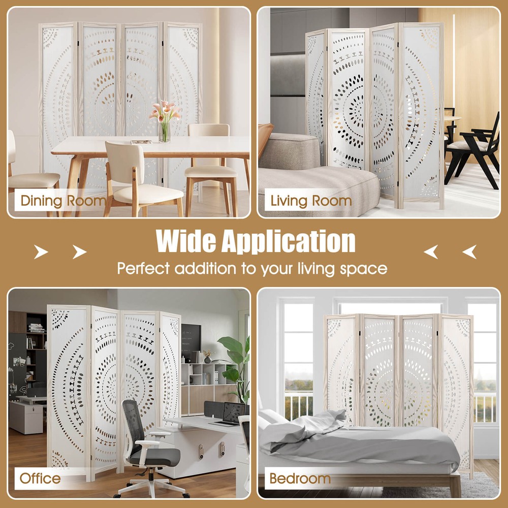 66" Boho 4-Panel Room Divider w/ Carved Pattern & Solid Wood Frame 360° Hinges