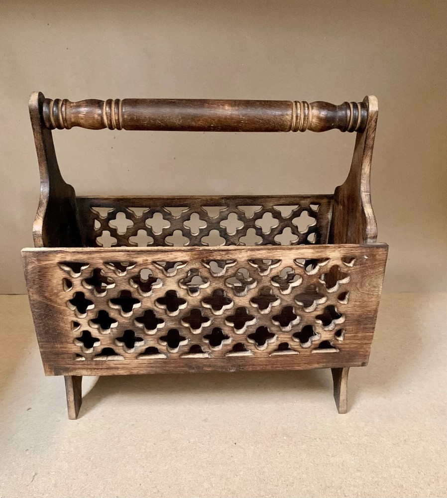 17" Magazine Rack Solid Wood Rustic Newspaper Basket Wooden Foldable Stand